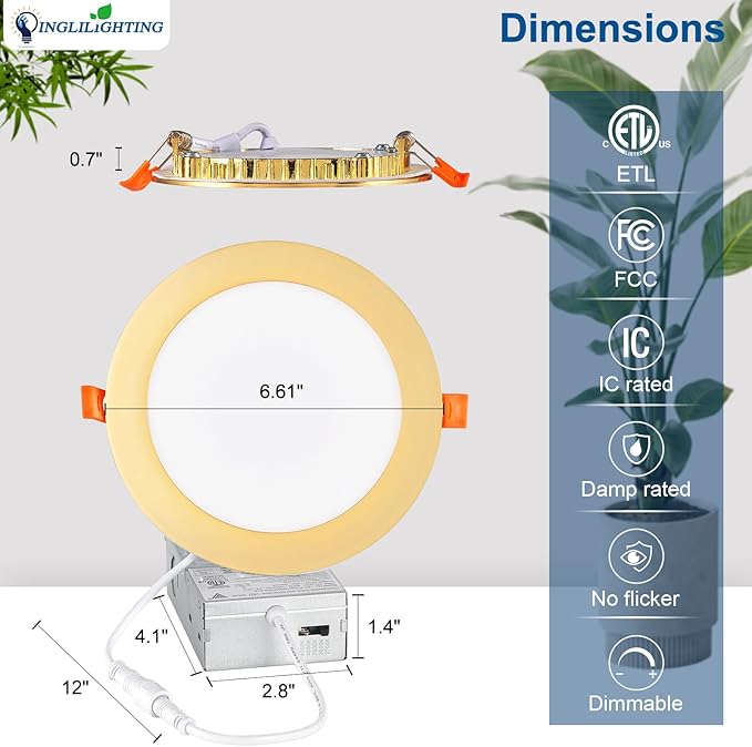 DLLT LED Recessed Ceiling Lights: 12 Pack 6 Inch 5CCT Ultra-Thin Lighting with Junction Box for Bedroom - 1200LM Brightness 12W Eqv 110W Dimmable Canless Wafer Downlight with ETL&FCC-G