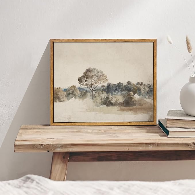 KBKBART Framed Vintage Neutral Wall Art Prints, Antique Rustic Muted Landscape Canvas Painting, Retro Countryside Nature Wilderness Illustrations Farmhouse Decor, Neutral Vintage Decor Ready To Hang