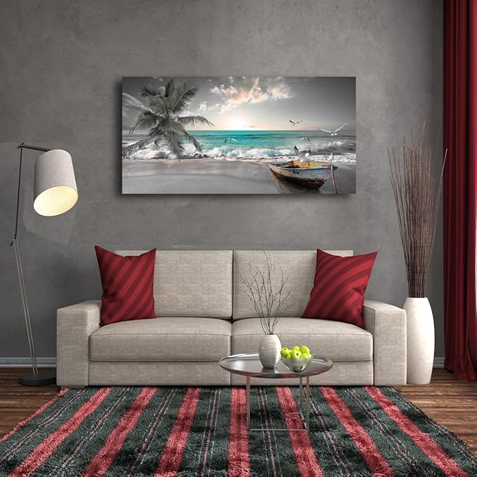 Beach Sea Wave Pictures Canvas Wall Art For Living Room Bedroom Wall Decor,Sea Wave Wall Art Print Paitnings For Home Decor,Morden Artwork Palm Boat Canvas Art Waterproof Ready To Hang-20X40Inches