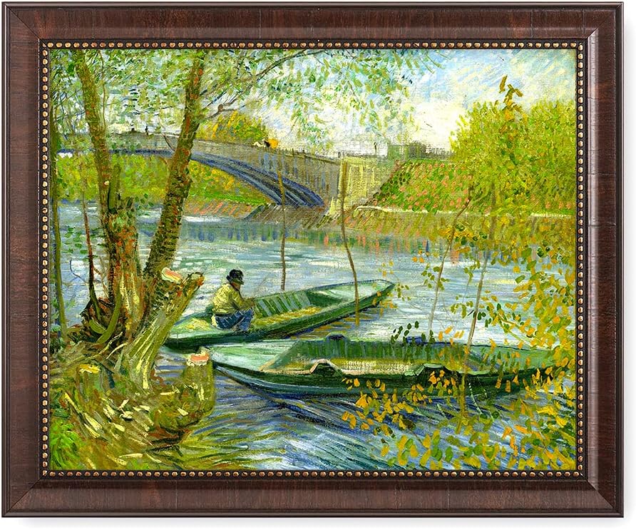 DECORARTS - Fishermen And Boats From The Pont De Clichy - Vincent Van Gogh Giclee Prints w/Antique Brown Frame for Wall Decor. Picture Size: 20x16, Total Size w/Frame: 23x19