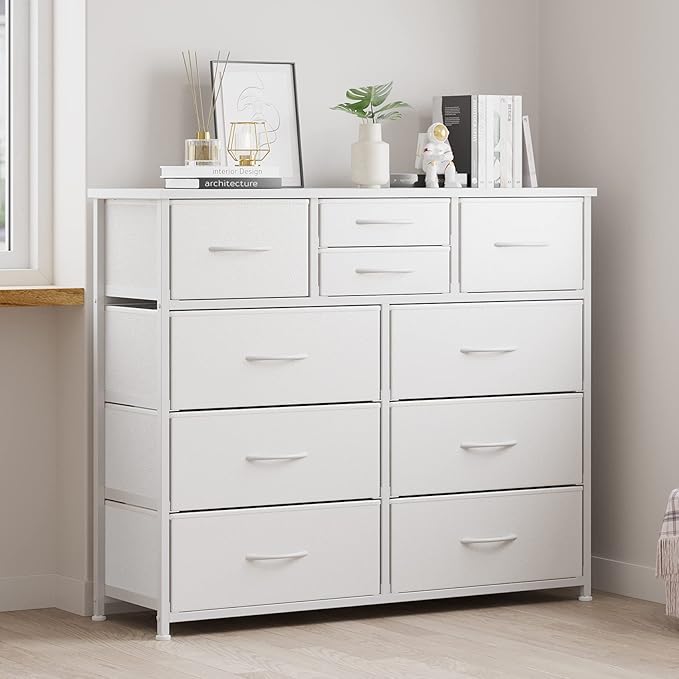 LUMTOK 10-Drawer Dresser, Fabric Storage Dressers Drawers for Bedroom, Hallway, Nursery, Closets, Steel Frame, Wood Top, Easy Pull Handle (White)