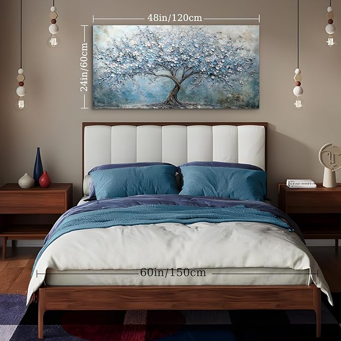 crmotu Tree of Life Large Wall Art for Living Room, Cherry Blossom Tree Abstract Art Prints Canvas Pictures, Modern Blue White Aesthetic Painting Bedroom Bathroom Home Office Wall Decor 24"X48"