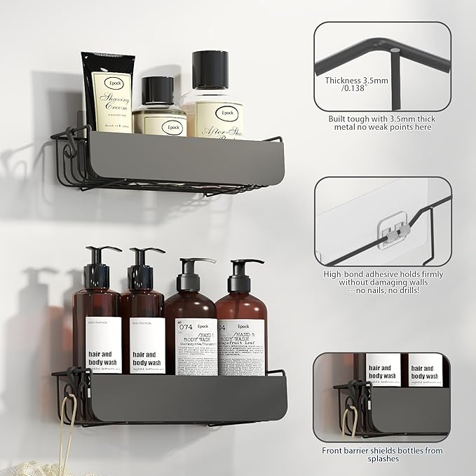 Epock Adhesive Shower Caddy, No Drill Shower Shelves 2 Pack 4 Hooks Rust-Proof Metal Bathroom Organizer shower rack with for Bathroom, Kitchen, RV Storage, Matt Black