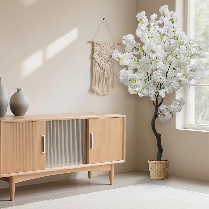 Large Artificial White Cherry Blossom 6ft(72in) Faux Floor Green Plant for Indoor Decor Natural Potted Tree Realistic Cherry Flowers Wood Trunk for Home Living Room,Office Perfect Housewarming Gift