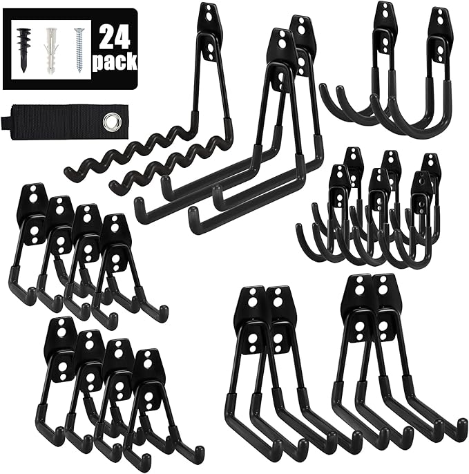 AOBEN Garage Hooks Heavy Duty Hooks for Garage Storage Wall Mount Garage Hanger & Organizer Hook (24PCS)-Black