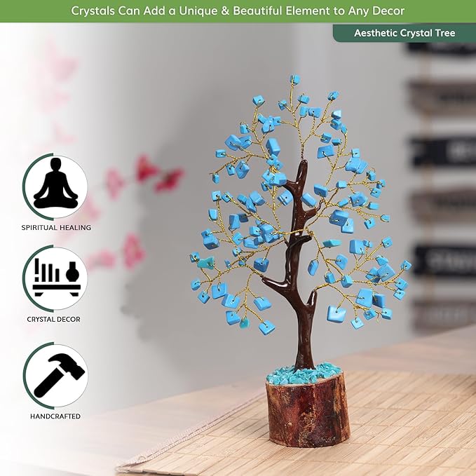 NARIBABU Turquoise Crystal Tree (7–8 Inch, 100 Chips) – Handmade Gemstone Tree with Raw Stones & Golden Wire – Gift for Her, Birthday Gifts for Women, Spiritual Home Decor