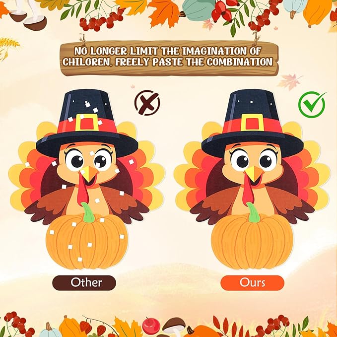 Thinkday 37-Piece Fall Thanksgiving Felt Craft Kit, DIY Pumpkin Felt Set DIY, Pumpkin 36 Detachable Fall Squirrel Pine Cones Corns Ornaments for Playing(Turkey)