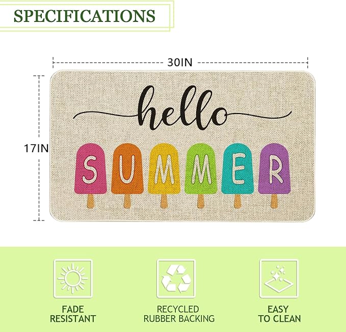 Hello Summer Front Door Mat 30x17 Inch Summer Welcome Doormat Indoor Outdoor Entrance Floor Mats Non-Slip Washable Seasonal Summer Home Decor Rugs