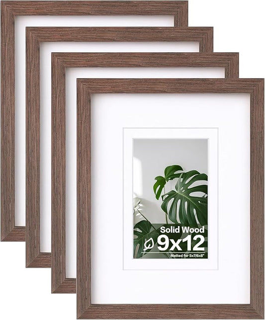 Egofine 9x12 Picture Frames Set of 4, Made of Solid Wood Covered by Plexiglass 5x7 and 6x8 with Mat or 9x12 without Mat, for Table Top Display and Wall Mounting Photo Frame Brown