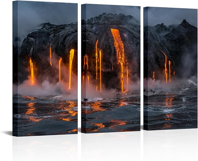 KLVOS - 3 Piece Canvas Wall Art Twilight Flow Sea View of Kilauea Volcano in Big Island Hawaii United States Modern Home Decor Stretched and Framed Ready to Hang - 16"x32"x3 Panels (1 Hawaii Volcano)