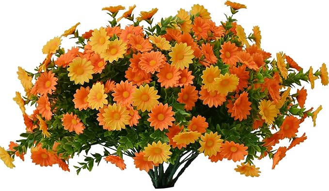 Artificial Fake Flowers Plants for Outdoor Decoration, Faux Flower Yellow Orange Daisy with Eucalyptus Leaves for Planter Front Door Porch Patio Balcony Decoration, 10 Bundles