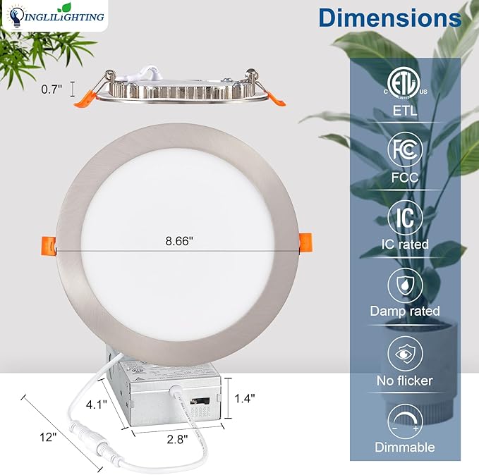 DLLT LED Recessed Ceiling Lights: 12 Pack 8 Inch 5CCT Ultra-Thin Lighting with Junction Box for Bedroom - 1800LM Brightness 18W Eqv 170W Dimmable Canless Wafer Downlight with ETL&FCC-Nickel Brush