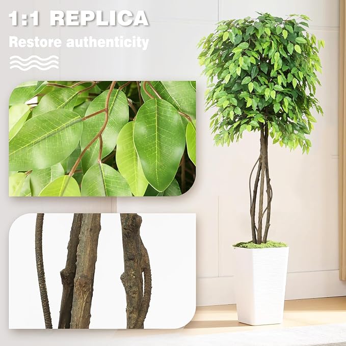 Faux Ficus Tree 5ft(60in) Artificial Floor Plant for Indoor Decor Realistic Potted Tree with Texture Silk Leaves and Natural Wood Trunk for Home Living Room,Office Perfect Housewarming Gift
