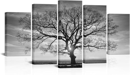 HOMEOART Black and White Tree Wall Art Nature Landscape Tree Picture Framed Canvas Prints Living Room Office Home Wall Decor 5 Panels