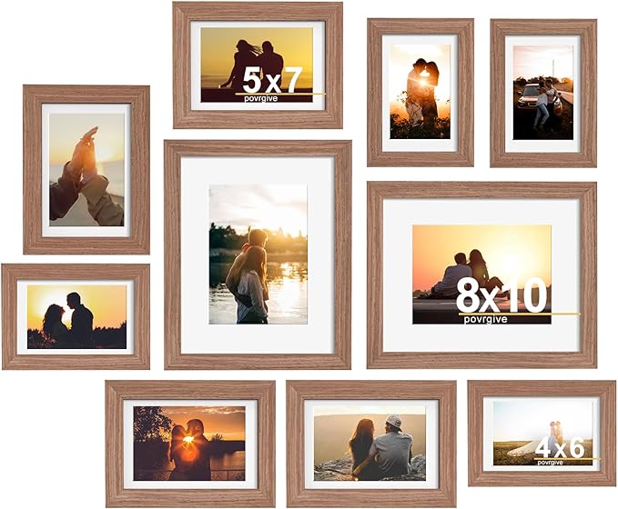 Picture Frame Set 10 Pack, Picture Frames Collage Wall Decor with Mat for Multiple Sizes Photos, Two 8x10, Four 5x7, Four 4x6, Photo Frames for Wall and Tabletop, Rusic Brown