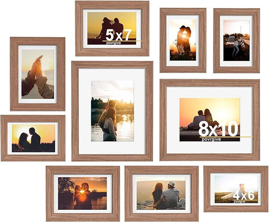 Picture Frame Set 10 Pack, Picture Frames Collage Wall Decor with Mat for Multiple Sizes Photos, Two 8x10, Four 5x7, Four 4x6, Photo Frames for Wall and Tabletop, Rusic Brown