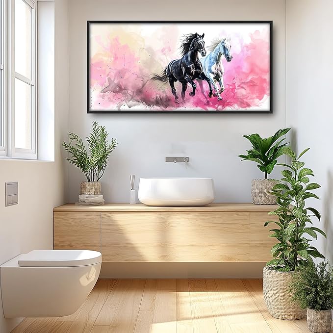 Flintis Large Horse Wall Art Black and White Horses Pictures Wall Decor Abstract Animal Canvas Painting Print Artworks Decorations Framed for Living Room Bathroom Master Bedroom Office 60L x 30W