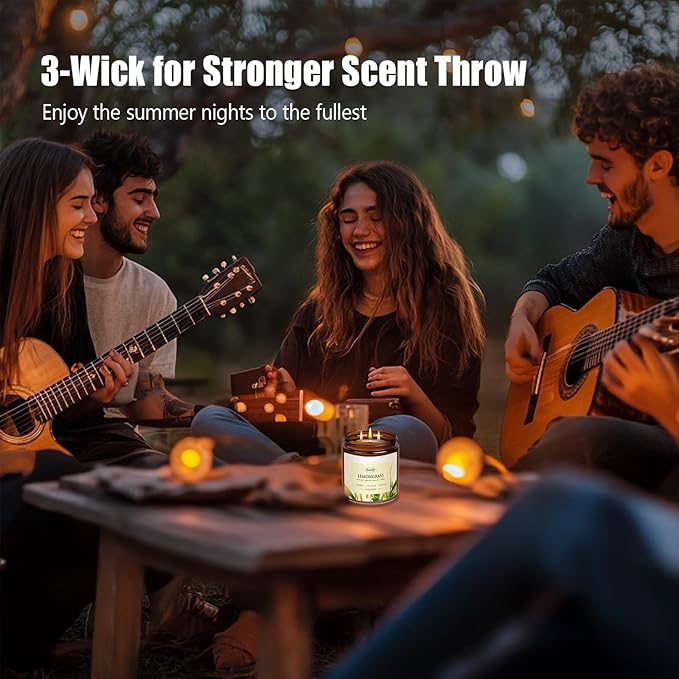 Auelife Lemongrass Scented Candle | 3-Wick Jar Candle - 12oz Natural Soy Wax - Lemon Scent for Indoor Outdoor Use, Long Lasting Aromatherapy Gifts for Home, Summer, 50+ Hour Burn