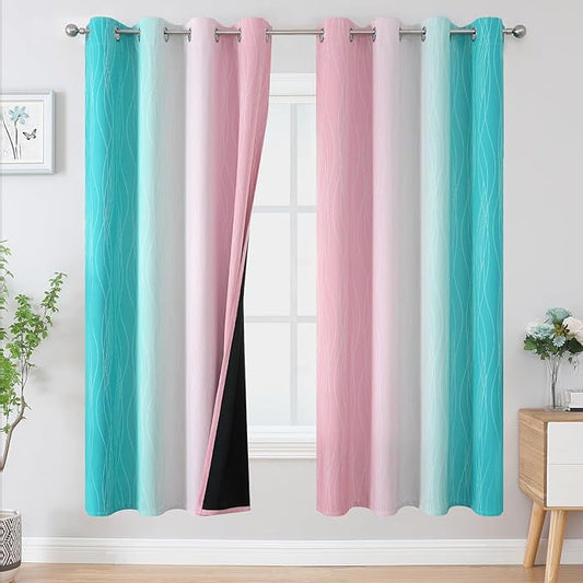 Estelar Textiler Pink and Teal Blackout Curtains for Living Room, Full Room Darkening Grommet Ombre Curtains for Bedroom, Thermal Insulated Light Blocking Gradient Drapes, 52Wx72L, 2 Panels
