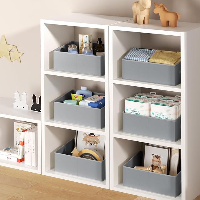 DIMJ Large Closet Storage Bins 8 Pack - Fabric Trapezoid Closet Organizer Bin, Foldable Storage Baskets for Shelves, Closet Shelf Organizer, Clothing Storage Box for Toys, Books, Towel, Clothes, Gray