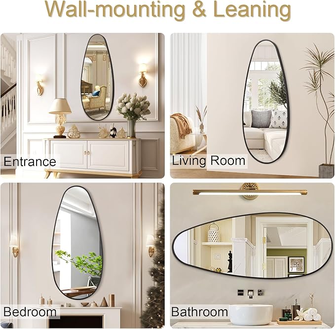 JJUUYOU Irregular Wall Mirror Black Metal Framed Decorative Asymmetrical Bathroom Mirrors Large 39" X 18" for Living Room Bedroom Entryway Hanging Home Decor