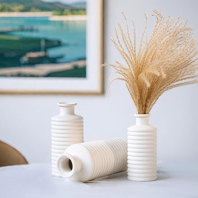 Ceramic Vase Set, Cream White Vases Home Decor, Boho Rustic Farmhouse Vase for Pampas Grass Fresh Flowers, Modern Vases for Living Room, Bedroom, Bathroom, Entryway, Dresser Table Decor
