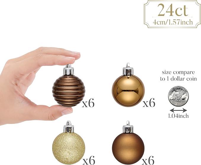 Valery Madelyn 1.57 Inches Small Christmas Tree Decorations Ornament Set for 4th of July Fall Halloween, 24ct Bronze Copper Gold Shatterproof Hanging Ball Ornaments Holiday Party Decor