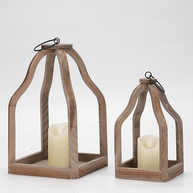 Romadedi Farmhouse Decorative Lantern Wooden - Set of 2 Rustic Wood Lanterns Candle Holder for Wedding Table Centerpieces Indoor Outdoor Fireplace Mantle Home Decor, Brown