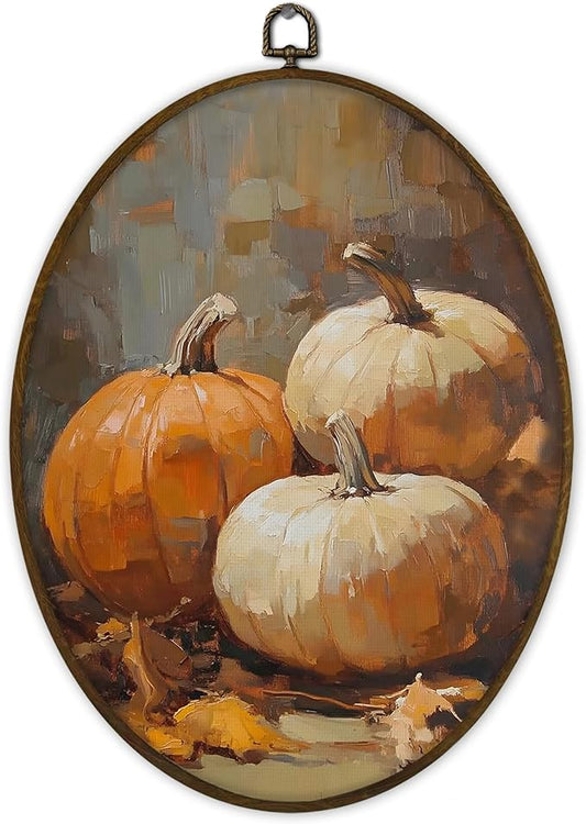 Gnmduw Vintage Fall Pumpkin Oval Wall Art Framed,Fall Cottagecore Pumpkin Canvas Prints Hanging Decor,Retro Thanksgiving Fall Farmhouse Wall Decor for Farmhouse Living Room Bedroom, 8.7x11.3 In