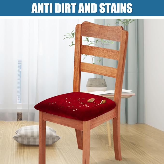 Smiry Velvet Seat Covers for Dining Room Chair Set of 4, Stretch Fit Removable Washable Chair Seat Cushion Protector Slipcovers with Ties, Wine Red