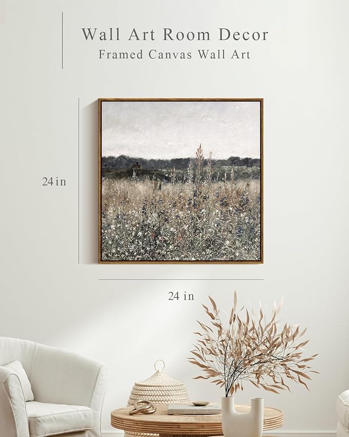 InSimSea Square Framed Canvas Wall Art, Scenery Field Home Decor, Vintage Meadow Flowers Wall Art Prints, Retro Nature Floral Wall Decor for Living Room Bedroom Home Bathroom 24"x24"