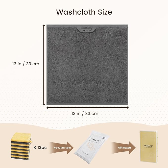 SEMAXE 100% Cotton Washcloths 12-Pack, 13 × 13 Inch Soft Luxury Face Towels – Super Absorbent & Quick-Dry, Premium Cloth with Hanging Loop, Oeko-TEX Certified, Gift-Ready Box