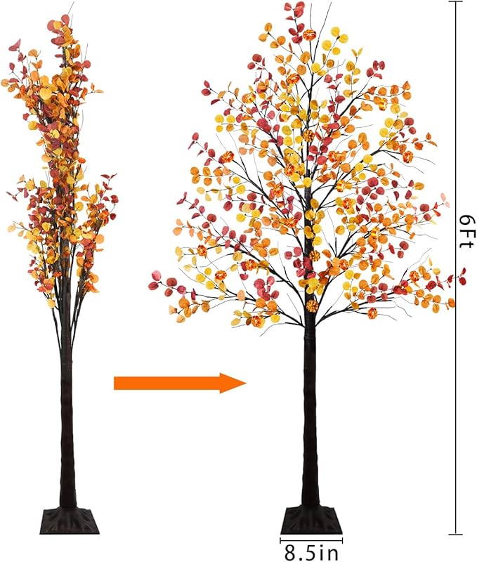 Uieke 6FT 96LED Lighted Thanksgiving Eucalyptus Tree Artificial Tree with 24PCS Pumpkin Lights 8 Modes Thanksgiving Fall Decorations for Home Autumn Decor Indoor Outdoor