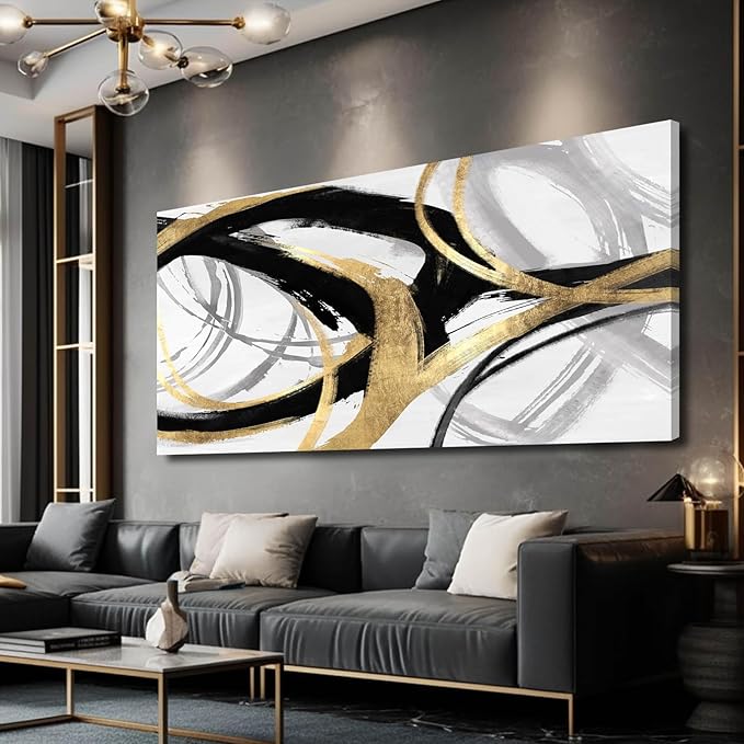 Kureful Black And Gold Wall Decor Large Wall Art for Living Room Abstract Wall Art Pictures Paintings Minimalist Decor Canvas Artwork 29”x58”