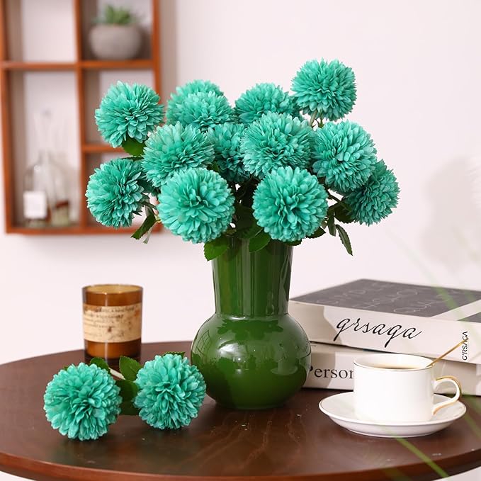Floweroyal 24pcs Teal Flowers Artificial Chrysanthemum Ball Silk Hydrangea Flowers Bridal Wedding Bouquet for Home Garden Party Office Coffee House Decoration