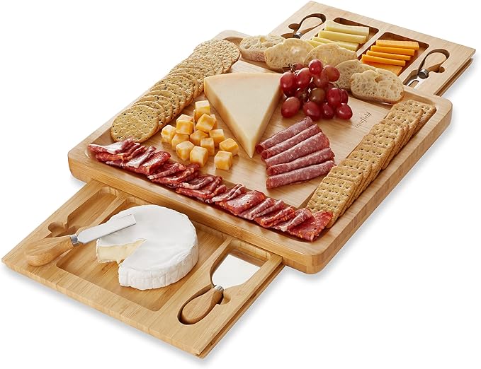 Casafield Bamboo Cheese Board Gift Set, Charcuterie Board Serving Platter with Stainless Steel Knives for Entertaining, Birthdays, Weddings