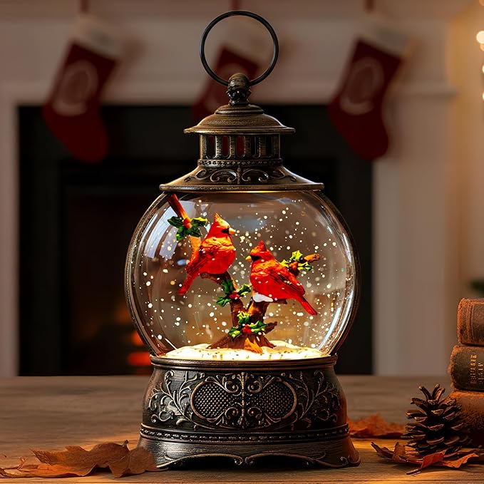 Christmas Village Snow Globe Lighted Cardinal Holly Scene, Musical Snow Water Lantern Swirling Glittering Home Decoration and Gift, Battery Operated or USB Powered