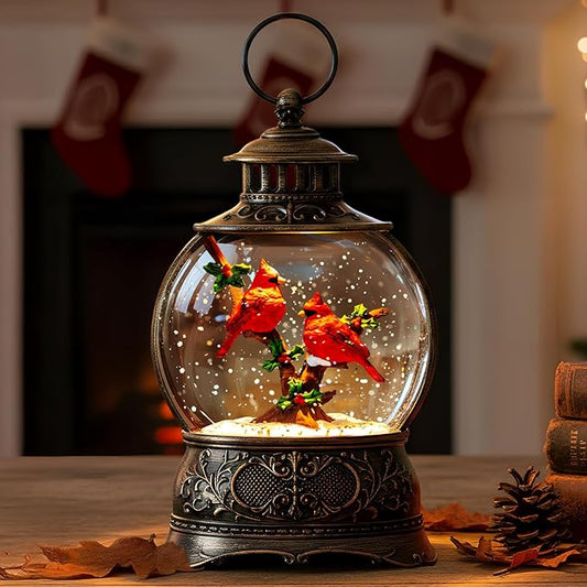 Christmas Village Snow Globe Lighted Cardinal Holly Scene, Musical Snow Water Lantern Swirling Glittering Home Decoration and Gift, Battery Operated or USB Powered