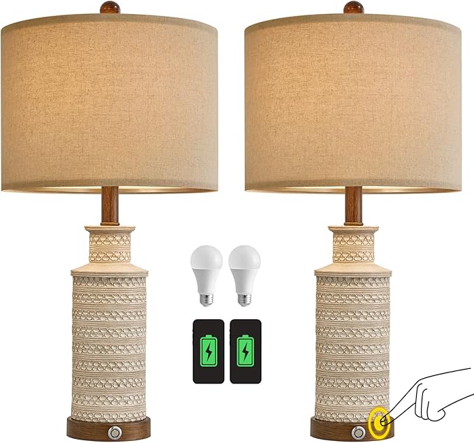 BOBOMOMO 24.5'' 3-Way Dimmable Touch Control Table Lamp Set of 2 with Dual USB Charging Ports for Bedroom Living Room Vintage Rustic Farmhouse Traditional Nightstand Bedside Lamps(Bulbs Included)