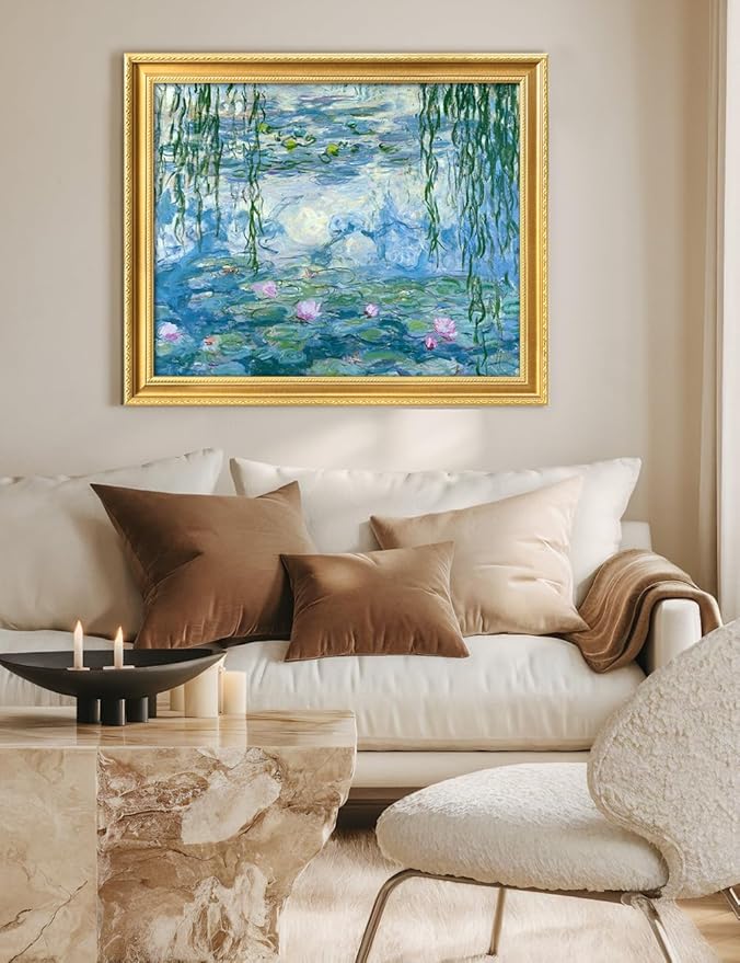 DECORARTS - Claude Monet Water Lilies 1916-1919 Giclee Print with Gold Solid Wood Frame, Impressionist Large Framed Wall Art, Ready to Hang, Framed Size 34.75x28.75, Made in USA