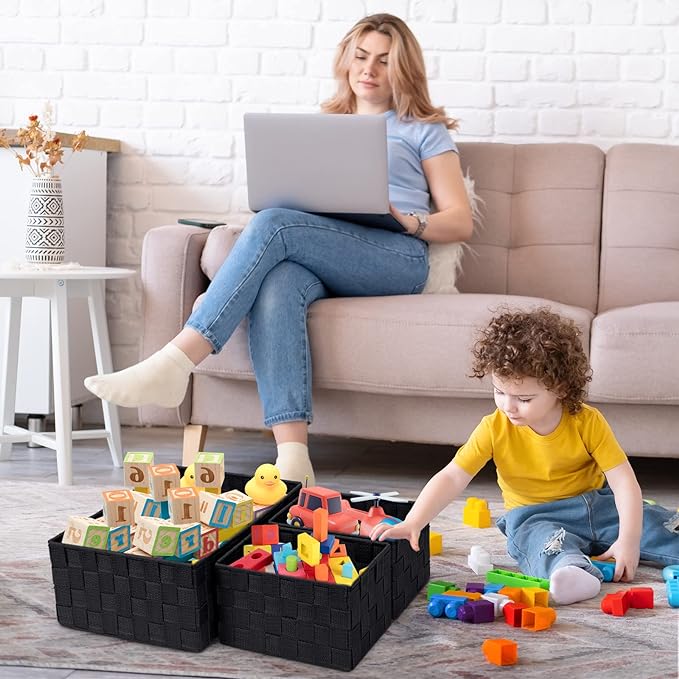 Posprica Woven Storage Baskets for Organizing 6 Pack, Large&Small Storage Cube Bins Set for Bathroom, Storage Boxes Container for Drawer, Closet, Shelf, Dresser, Black