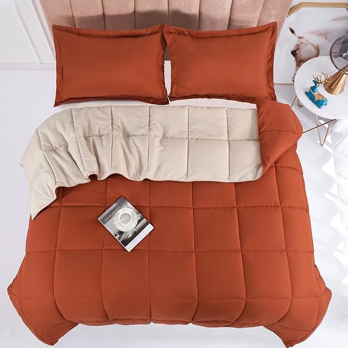 HIG 3pc Burnt Orange Queen Size Comforter Set - All Season Reversible Down Alternative Comforter with Sham - Quilted Duvet Insert with Corner Tabs - Box Stitched - Breathable, Soft, Fluffy
