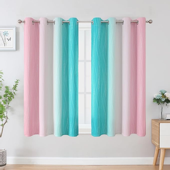 Estelar Textiler Pink and Teal Blackout Curtains 54 Inch Length, Full Light Blocking Gradient Grommet Drapes for Living Room, Thermal Insulated Ombre Curtains for Bathroom, 52Wx54L, 2 Panels