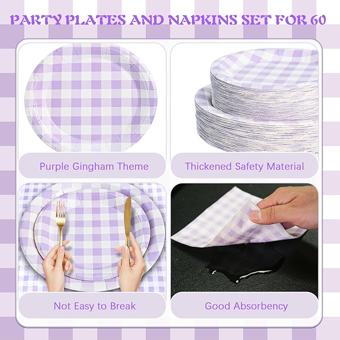 180Pcs Purple Gingham Party Supplies Paper Plates and Napkins Serve 60 Disposable Tableware Set for Birthday Party Decorations Game Day Family School Holiday Sports Events