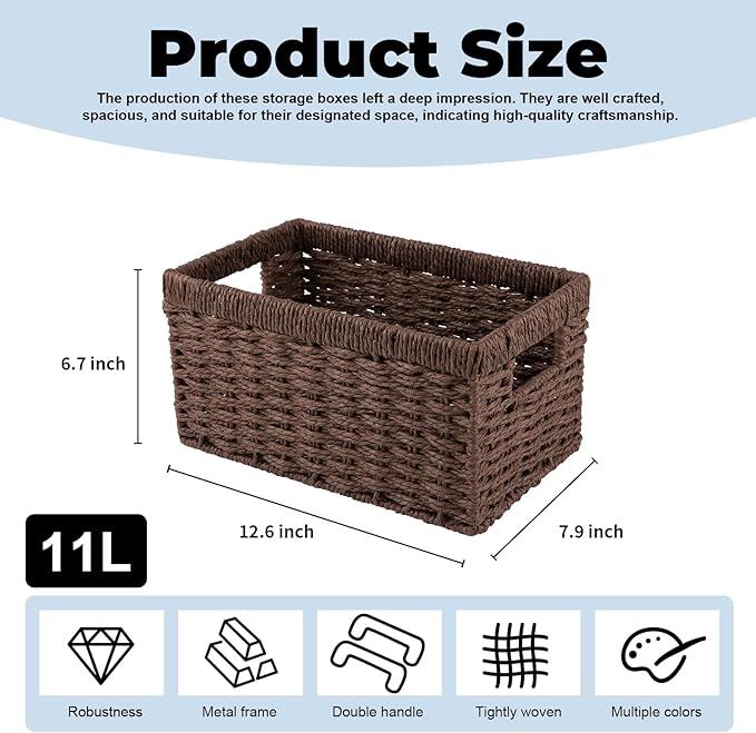 OIAHOMY Wicker Baskets, Paper Rope Storage Baskets for Organizing with Built-in Handles, 2 Packs-Brown