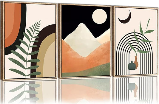 WRFON Boho Wall Art Set of 3 - Mid Century Modern Neutral Abstract Geometric Botanical Prints, Black and Beige Framed Canvas Wall Art for Living Room Decor, Ready to Hang, 12x16 inch