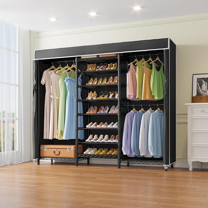 VIPEK S3C Heavy Duty Portable Closet with Adjustable Shoe Rack Wire Shelf, Large Wardrobe Organizer for Bedroom Storage, Freestanding Clothes Rack with Hanging Rod, Custom Black Rack with Black Cover