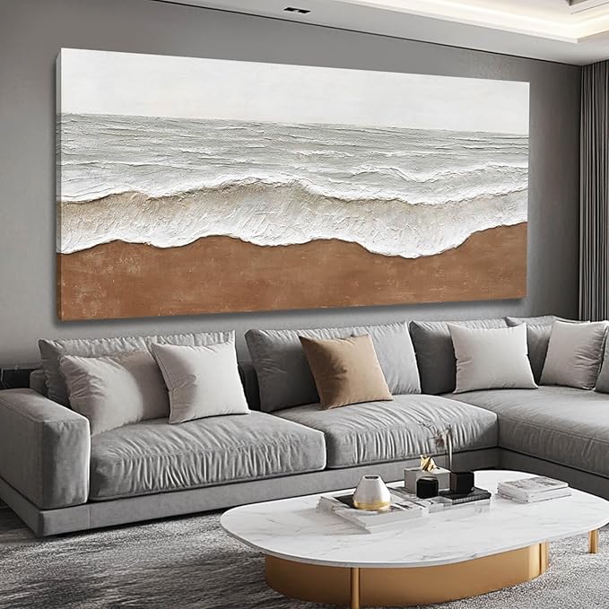 Textured Wall Decor Ocean Wall Painting White Line Wall Art Posters 29"x58" Large Pictures for Living Room Dining Room