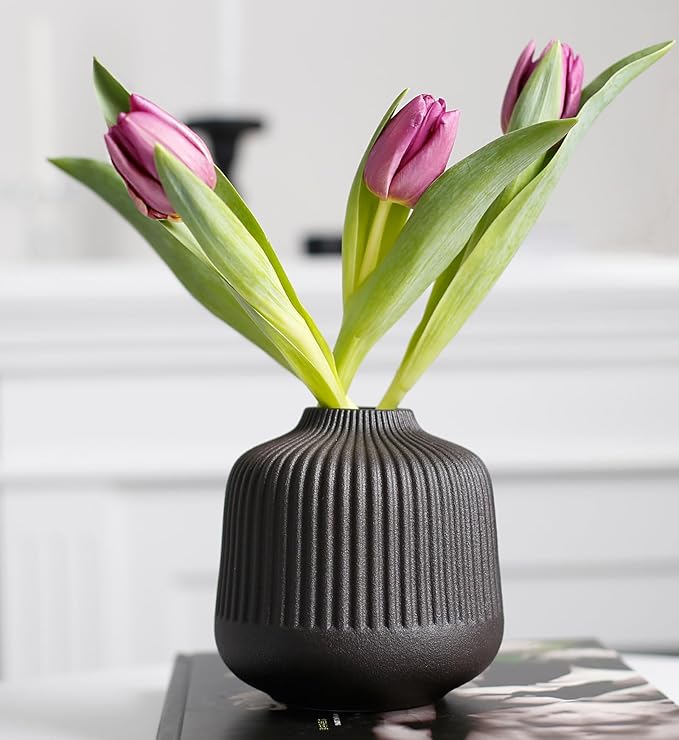 Black Ceramic Vase Set of 2, Modern Decor, Neutral Vases for Home Decor Boho Decor, Vases for Kitchen, Bedroom, Office, Living Room & Bathroom, Shelf Decor, Centerpiece Table,Mantel (Matt Black)