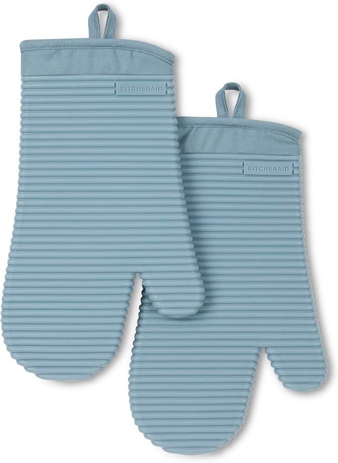 KITCHENAID Ribbed Soft Silicone Oven Mitt 2-Pack Set, 7.5"x13", Fog Blue
